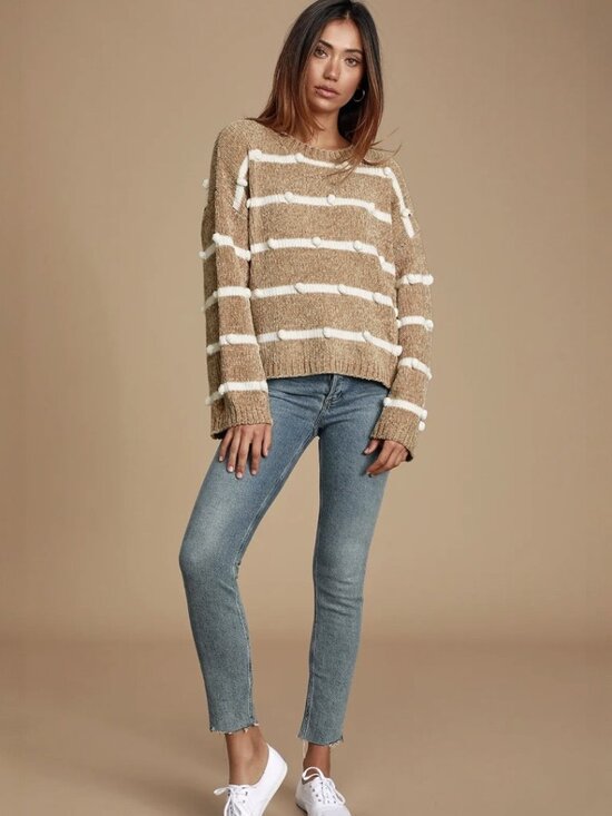 Lulus Sweaters - Lulus Cozy Times White and Beige Striped Chenille Knit Pom-Pom Sweater NWT